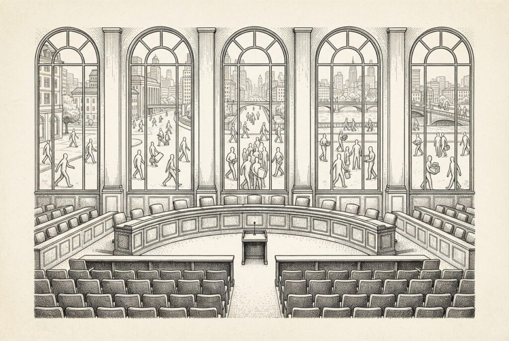 Pen-and-ink engraving of an empty formal hearing chamber with rows of seats and a dais, seen from above, with faceless autonomous figures visible through tall gallery windows beyond the room - the institutional room cannot reach the ungoverned world outside