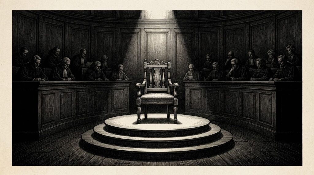 An empty witness chair sitting alone in a spotlight on a raised platform, surrounded by shadowy figures behind tall desks in darkness — the accountability gap where no entity occupies the witness seat.