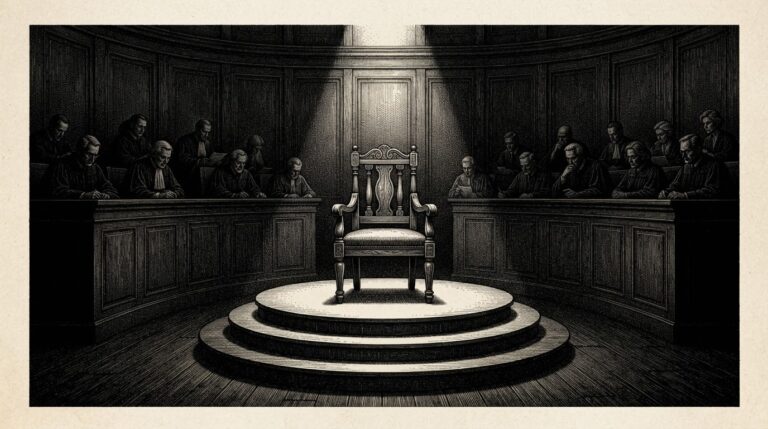 An empty witness chair sitting alone in a spotlight on a raised platform, surrounded by shadowy figures behind tall desks in darkness — the accountability gap where no entity occupies the witness seat.