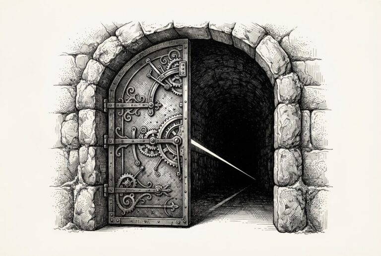 A hand-drawn editorial engraving of a large ornate mechanical gate set in a stone wall, standing slightly ajar with no visible lock or keyhole, with a thin beam of light passing through into a vast dark unlit chamber beyond, symbolizing the credential layer as governance gate and the ungoverned agent space beyond.