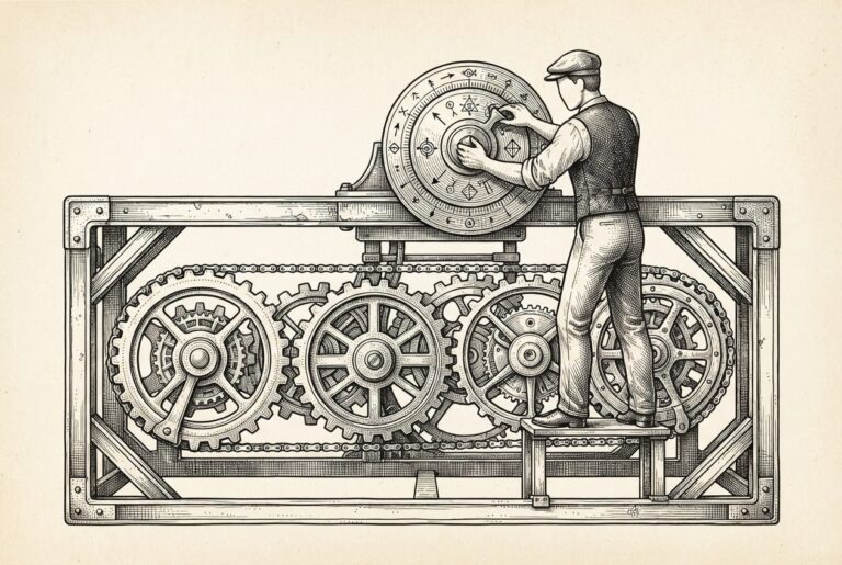 A hand-drawn editorial engraving of an intricate mechanical continuous-loop assembly with a figure adjusting a dial representing governed autonomy.