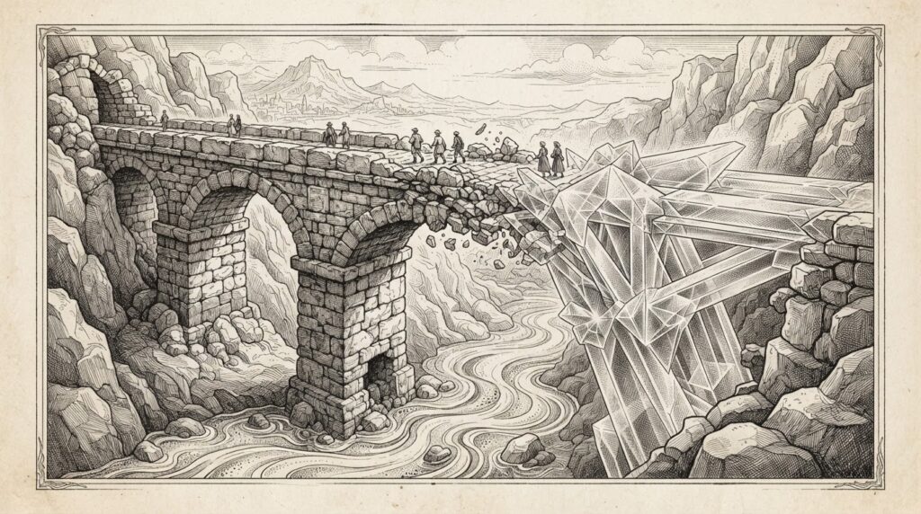 Engraved illustration of a stone aqueduct bridge spanning a chasm, the left half rendered as rough ancient masonry gradually transforming into crystalline geometric forms on the right, with tiny figures crossing from old to new