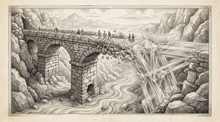 Engraved illustration of a stone aqueduct bridge spanning a chasm, the left half rendered as rough ancient masonry gradually transforming into crystalline geometric forms on the right, with tiny figures crossing from old to new
