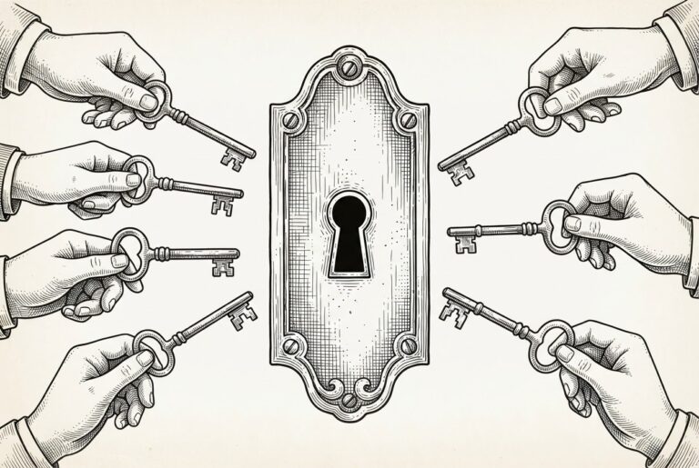 Mismatched antique keys held by different hands converge on a single ornate lock, its keyhole empty and untouched