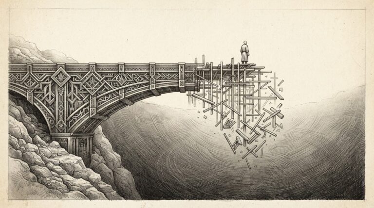 Monochrome pen-and-ink engraving of a bridge made of ornate geometric patterns stretching across a void, with the left side complete and the right side ending in half-built scaffolding and floating fragments. A faceless humanoid figure stands at the precipice looking across the gap.
