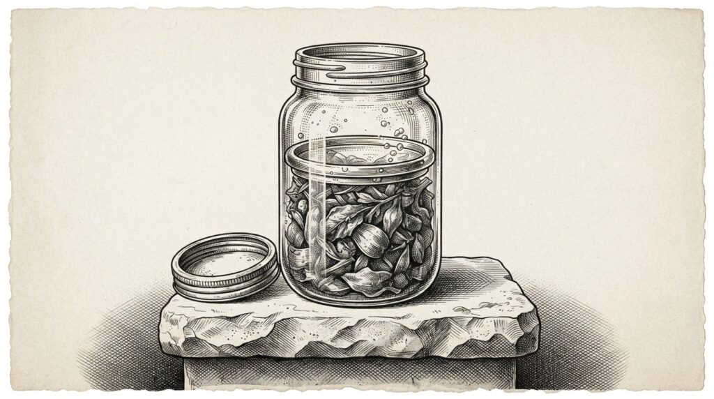 A glass preserving jar with its metal lid removed and set aside, but the contents inside remain sealed behind a secondary glass barrier - the illusion of safety. Monochrome pen-and-ink engraving on warm paper with cross-hatching and stippling.