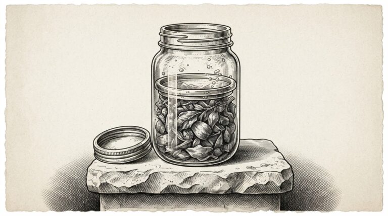 A glass preserving jar with its metal lid removed and set aside, but the contents inside remain sealed behind a secondary glass barrier - the illusion of safety. Monochrome pen-and-ink engraving on warm paper with cross-hatching and stippling.