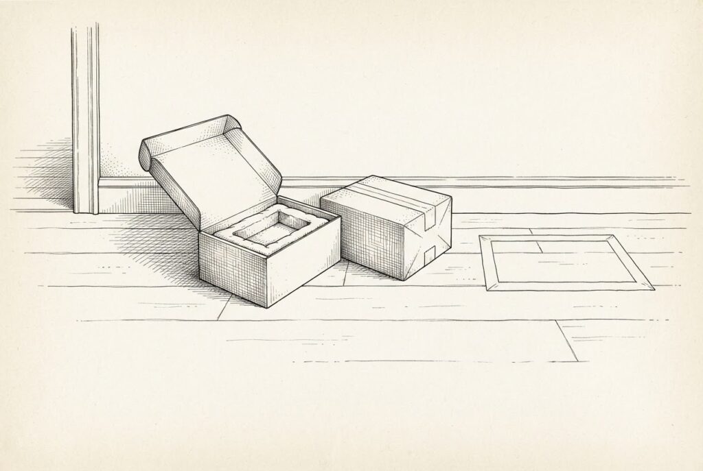 Ink illustration of a hallway floor with two parcels, one open with an empty cradle inside, and a taped outline where a third parcel never arrived.