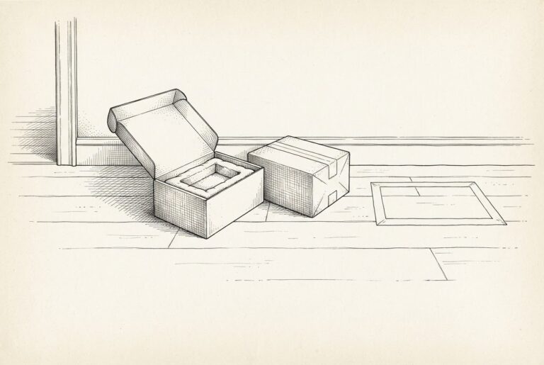 Ink illustration of a hallway floor with two parcels, one open with an empty cradle inside, and a taped outline where a third parcel never arrived.