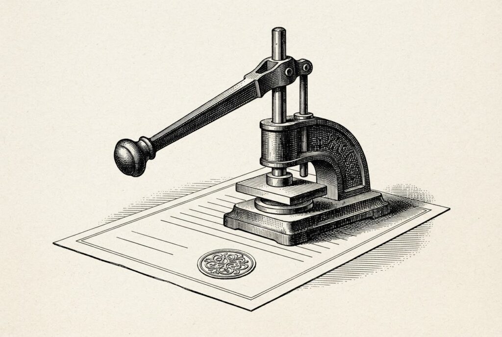 An antique desk seal press in the act of stamping a document, its lever pulled down with no hand and no signer anywhere in the frame, the ruled signature lines beneath it blank and empty: authority exercised with nobody behind it.