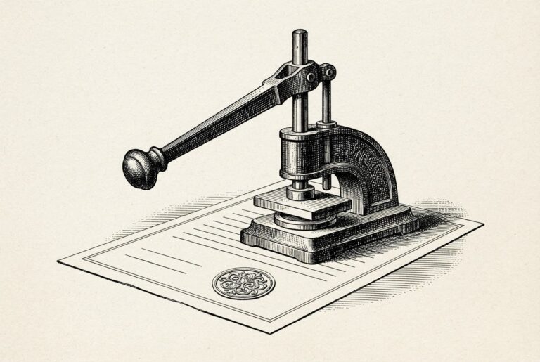 An antique desk seal press in the act of stamping a document, its lever pulled down with no hand and no signer anywhere in the frame, the ruled signature lines beneath it blank and empty: authority exercised with nobody behind it.