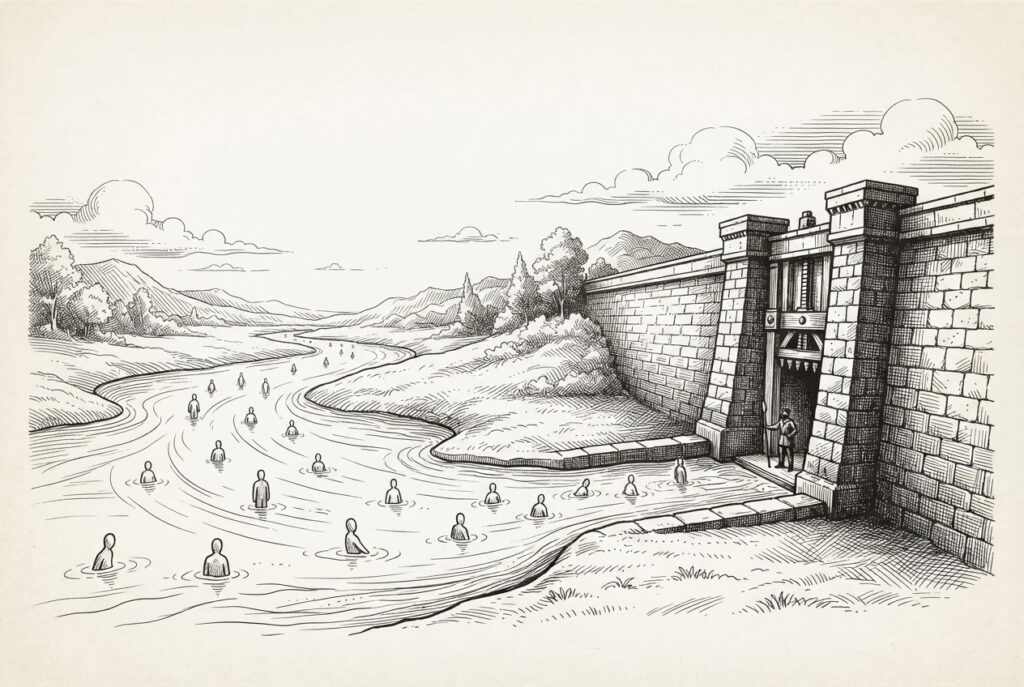 A wide river of faceless figures flows freely through an open landscape, narrowing as it approaches a stone dam where a single human figure stands guard at a gate - representing Shopify's open discovery but controlled checkout.