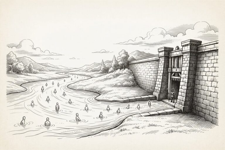 A wide river of faceless figures flows freely through an open landscape, narrowing as it approaches a stone dam where a single human figure stands guard at a gate - representing Shopify's open discovery but controlled checkout.