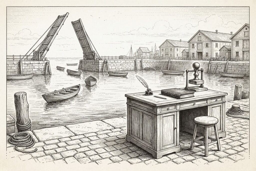 A pen-and-ink engraving of a harbor with its channel barrier boom fully raised and unmanned skiffs gliding toward the quays, while in the foreground a customs desk holding a closed ledger and a raised signing stamp waits with its stool pushed back and nobody present.