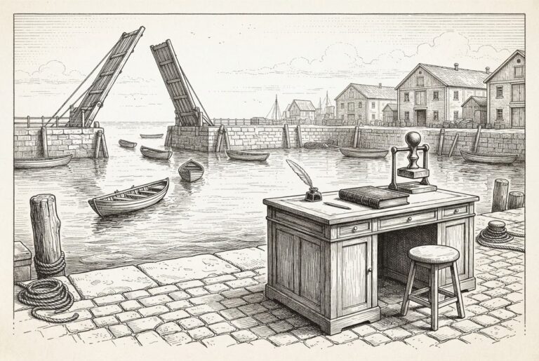 A pen-and-ink engraving of a harbor with its channel barrier boom fully raised and unmanned skiffs gliding toward the quays, while in the foreground a customs desk holding a closed ledger and a raised signing stamp waits with its stool pushed back and nobody present.