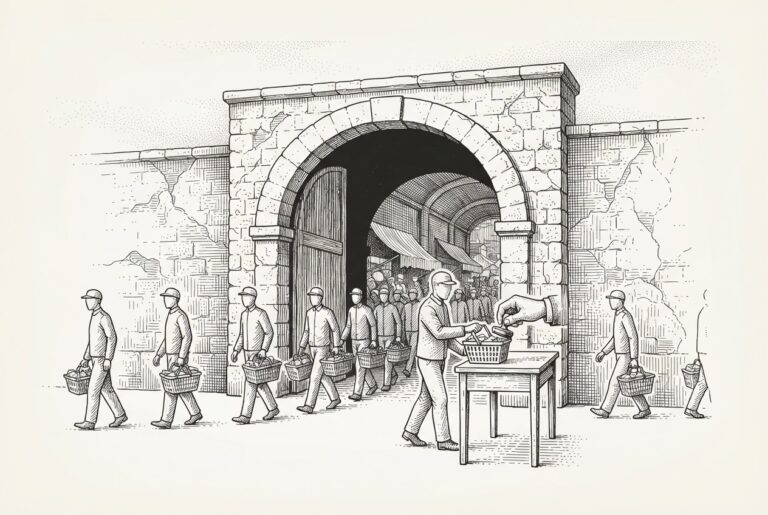 An engraved wide stone market archway, open and unguarded, with a procession of faceless couriers carrying baskets through it; each basket pauses at one narrow desk inside the arch where a human hand presses a stamp before it continues.