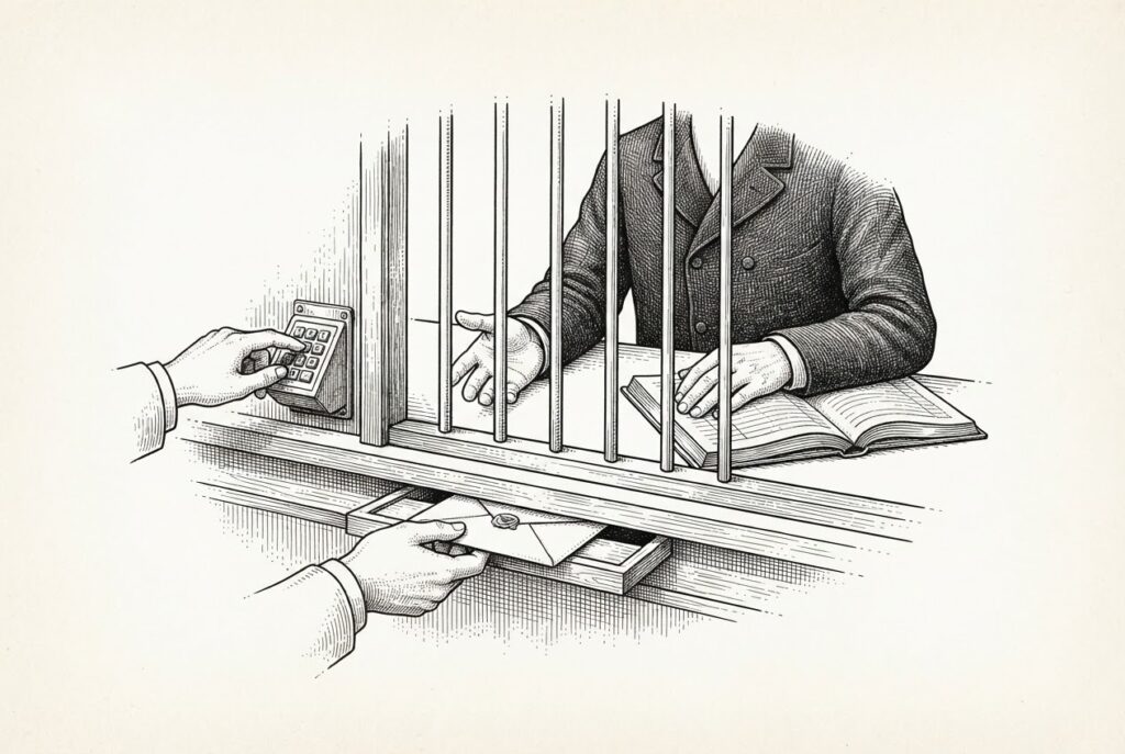 Monochrome pen-and-ink engraving of a faceless clerk seated at a speaking-grille desk with both hands empty over an open ledger, while a heavy brass tube arcs over the clerk's head and carries a sealed wax envelope through the floor into a locked drawer below, the route bypassing the desk entirely.
