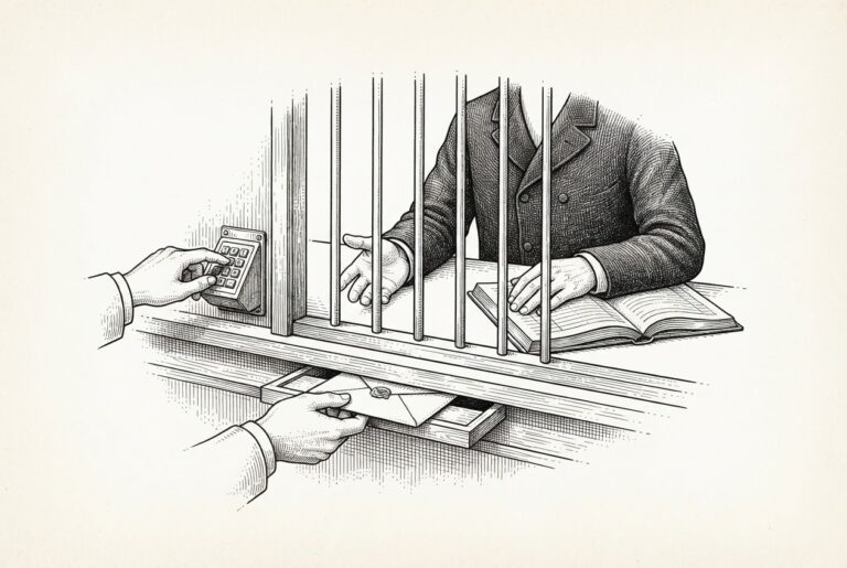 Monochrome pen-and-ink engraving of a faceless clerk seated at a speaking-grille desk with both hands empty over an open ledger, while a heavy brass tube arcs over the clerk's head and carries a sealed wax envelope through the floor into a locked drawer below, the route bypassing the desk entirely.