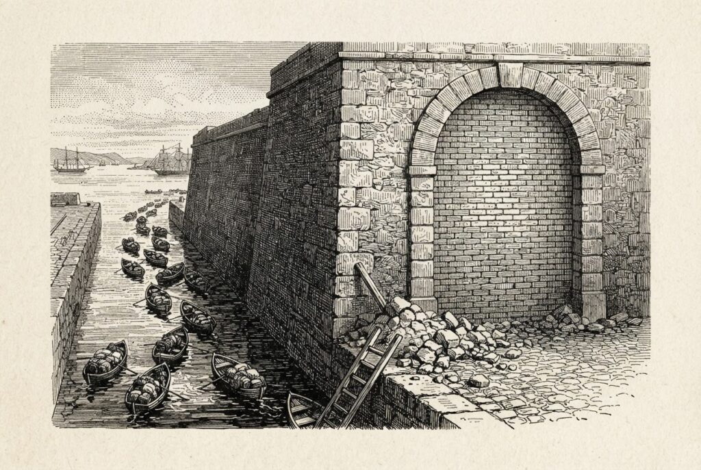 Hand-drawn engraving of a bricked-shut harbor gate standing empty while a narrow side channel beside the wall carries a line of small boats past it.