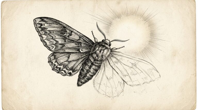 A moth in flight rendered in masterful ink engraving on the left wing with dense cross-hatching and stippled textures, dissolving into rough preliminary sketches and bare contour lines on the right wing — half-complete, half-absent
