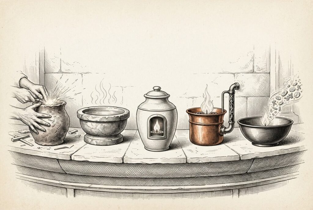 Pen-and-ink engraving of five ceramic and stone brazier vessels on a broad stone ledge, each burning with a fundamentally different flame style - representing five competing approaches to sustaining a presence in the smart home
