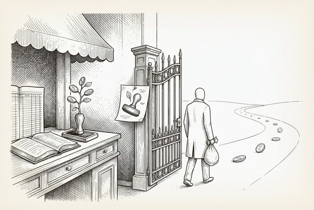 An engraved scene of a customs gate inside a bank hall: a faceless traveler carries a money bag through the gate while a stamp of protection and a sprouting coin-plant are left behind on the bank side; beyond the gate a chain of coins rolls freely along an empty road.