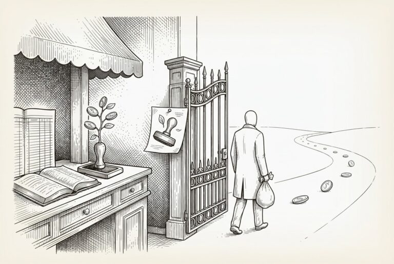 An engraved scene of a customs gate inside a bank hall: a faceless traveler carries a money bag through the gate while a stamp of protection and a sprouting coin-plant are left behind on the bank side; beyond the gate a chain of coins rolls freely along an empty road.