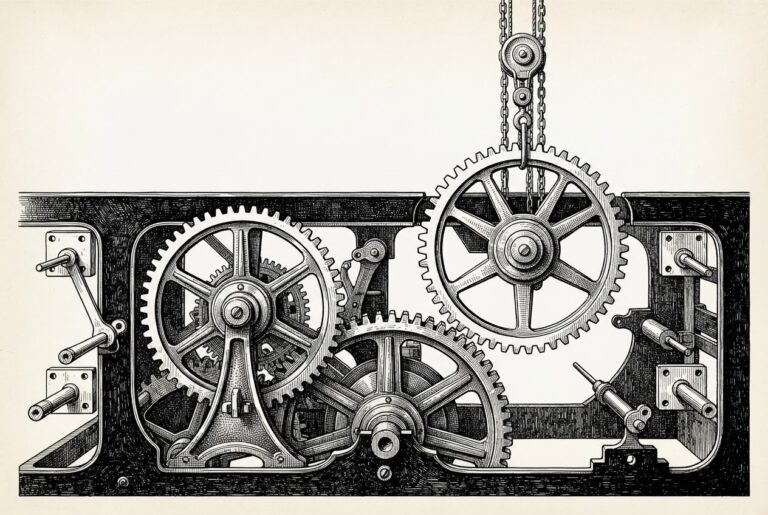 An enormous antique mechanical clockwork mechanism in cross-section, with two gear assemblies fully engaged and turning while a third gear is being lowered into position by a chain hoist - representing the final tranche of financial infrastructure being assembled to power a technology platform.