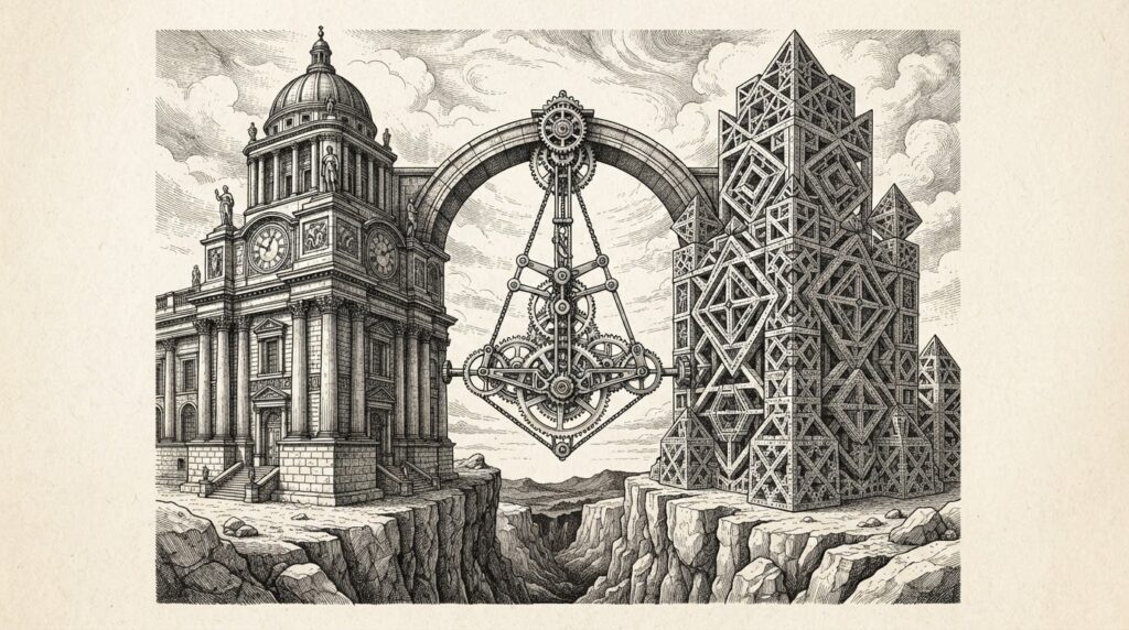 Monochrome pen-and-ink engraving of two massive stone clock towers facing each other across a chasm, with a mechanical pendulum of interlocking gears frozen at the exact center where it touches both towers simultaneously