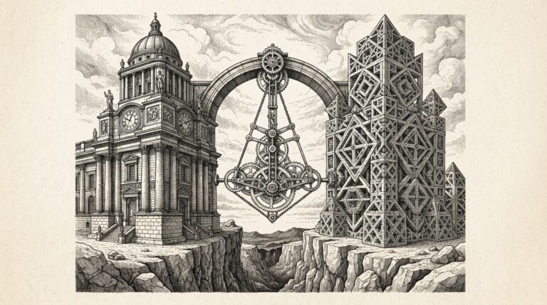 Monochrome pen-and-ink engraving of two massive stone clock towers facing each other across a chasm, with a mechanical pendulum of interlocking gears frozen at the exact center where it touches both towers simultaneously