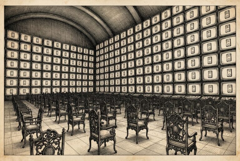Monochrome pen-and-ink engraving on warm paper showing a vast control room with monitoring screens displaying toggle switches and rows of empty chairs. Allegory for readiness outpacing proof.