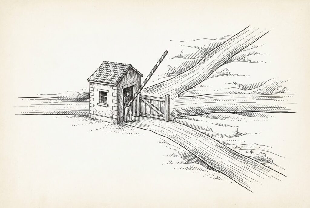 Three separate roads converge at a central gatehouse where a gatekeeper operates the barrier, with one unified road continuing beyond - a metaphor for the agent gateway layer receiving institutional governance through AAIF