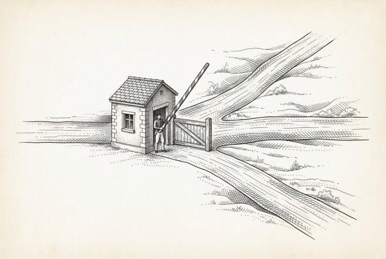 Three separate roads converge at a central gatehouse where a gatekeeper operates the barrier, with one unified road continuing beyond - a metaphor for the agent gateway layer receiving institutional governance through AAIF