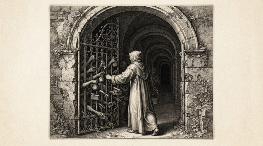 A trusted porter carrying a sealed letter through a corridor of identical doors, every one ajar, while a faceless stranger waits outside the gate: the household acting on the outsider's behalf.