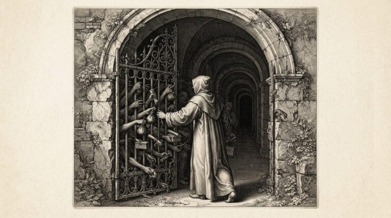 A trusted porter carrying a sealed letter through a corridor of identical doors, every one ajar, while a faceless stranger waits outside the gate: the household acting on the outsider's behalf.