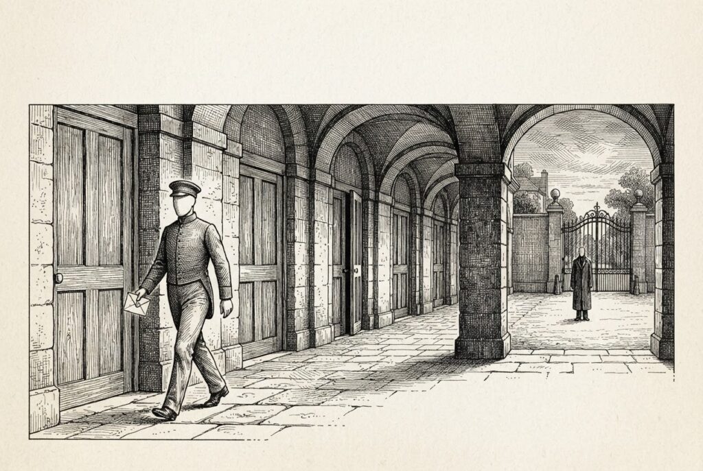 A porter carrying a sealed letter walks past a row of identical doors inside a walled estate while a faceless stranger waits outside the gate: the household made to act on the outsider's behalf.