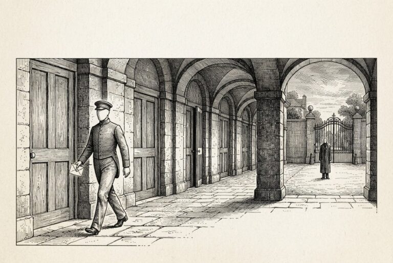 A porter carrying a sealed letter walks past a row of identical doors inside a walled estate while a faceless stranger waits outside the gate: the household made to act on the outsider's behalf.