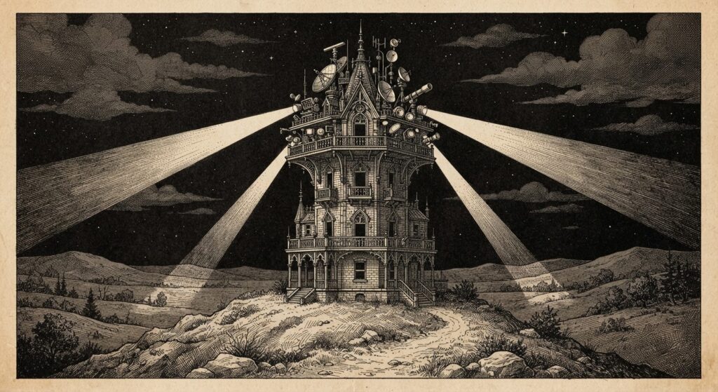 A Victorian watchtower on a hill with every window wide open, its searchlight beams reaching outward but revealing nothing. Intricate observation decks, radar dishes, and monitoring equipment all completely unguarded. Monochrome pen-and-ink engraving.