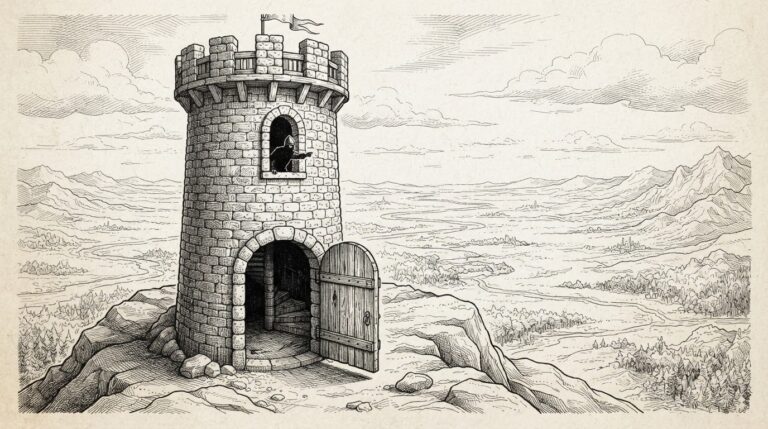 A solitary medieval watchtower on a rocky promontory above a vast plain, its heavy wooden door hanging wide open while a lone guard at the top gazes outward toward the horizon, unaware of the open door below - the monitoring platform that cannot monitor itself.