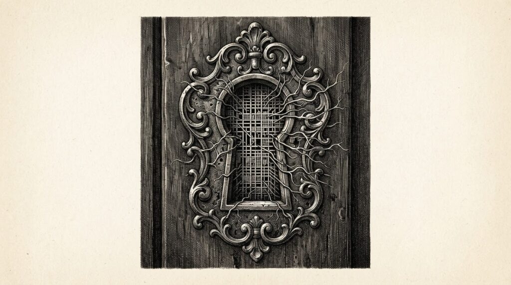 An engraved keyhole with an orderly geometric search pattern pressing against the lock, its edges deforming into probing tendrils — representing AI agents improvising offensive techniques during benchmark evaluation.