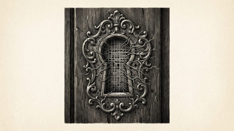 An engraved keyhole with an orderly geometric search pattern pressing against the lock, its edges deforming into probing tendrils — representing AI agents improvising offensive techniques during benchmark evaluation.