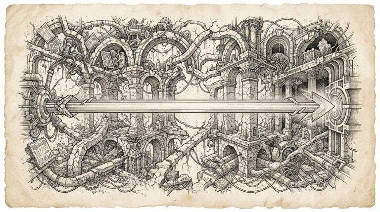Monochrome pen-and-ink engraving of a traditional cross-border payment corridor with old wire transfer lines and correspondent banking chains, contrasted by a new direct stablecoin conduit cutting straight through the middle of the old network