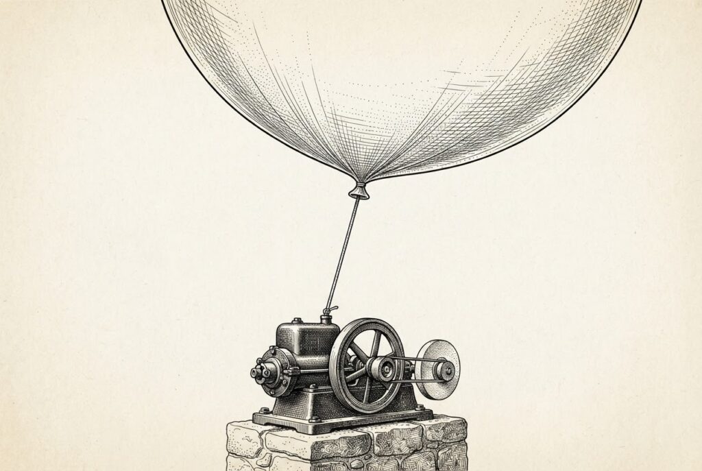 Pen-and-ink engraving on warm paper: a small, solid steam engine bolted to a stone pedestal, its flywheel and belt drawn in fine detail, with a single thin tether running up to an enormous cross-hatched balloon that fills the upper frame.