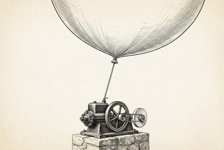Pen-and-ink engraving on warm paper: a small, solid steam engine bolted to a stone pedestal, its flywheel and belt drawn in fine detail, with a single thin tether running up to an enormous cross-hatched balloon that fills the upper frame.