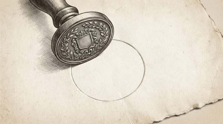 An engraving of a heavy ornate stamp being pressed onto aged paper, but the impression it leaves is completely blank - no mark, no text, no symbol. The stamp is detailed and authoritative; the void is the focal point.