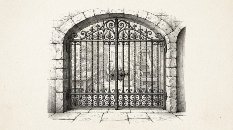 An engraving of a heavy ornate iron gate standing inside an open stone archway, blocking passage to a workshop visible through the bars. The archway is open on both sides but the gate controls who walks through.
