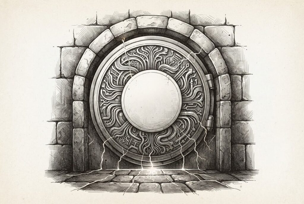 Monochrome pen-and-ink engraving of a massive ornate vault door set into a stone wall. The door's surface is carved with intricate flowing patterns but is deliberately blank where a readout or plaque would normally display information. Light seeps from beneath and around the edges, suggesting vast activity behind the sealed surface. No keyhole, no window, no handle from the outside.