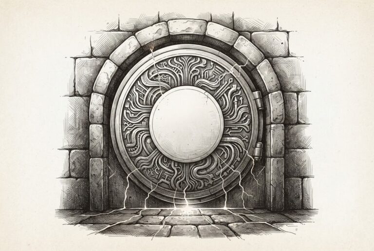 Monochrome pen-and-ink engraving of a massive ornate vault door set into a stone wall. The door's surface is carved with intricate flowing patterns but is deliberately blank where a readout or plaque would normally display information. Light seeps from beneath and around the edges, suggesting vast activity behind the sealed surface. No keyhole, no window, no handle from the outside.