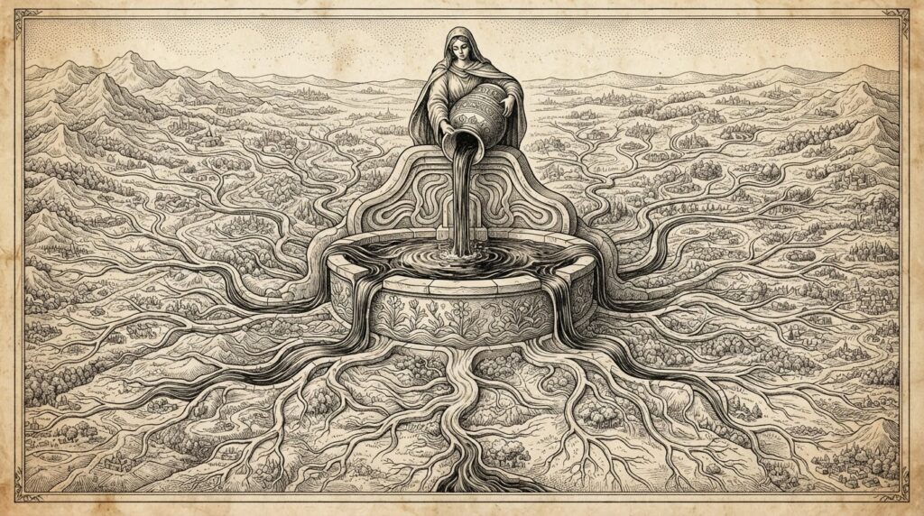 An allegorical engraving of a single source vessel pouring liquid into a central basin, with the liquid flowing outward through dozens of branching channels carved in stone - stablecoin flow expanding from one central hub to multiple global destinations