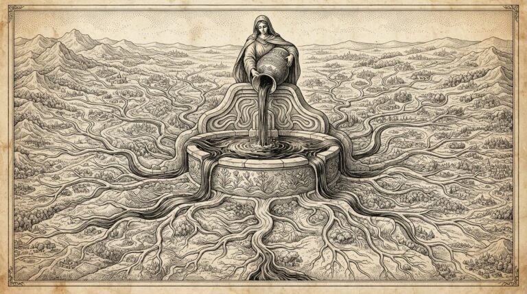 An allegorical engraving of a single source vessel pouring liquid into a central basin, with the liquid flowing outward through dozens of branching channels carved in stone - stablecoin flow expanding from one central hub to multiple global destinations